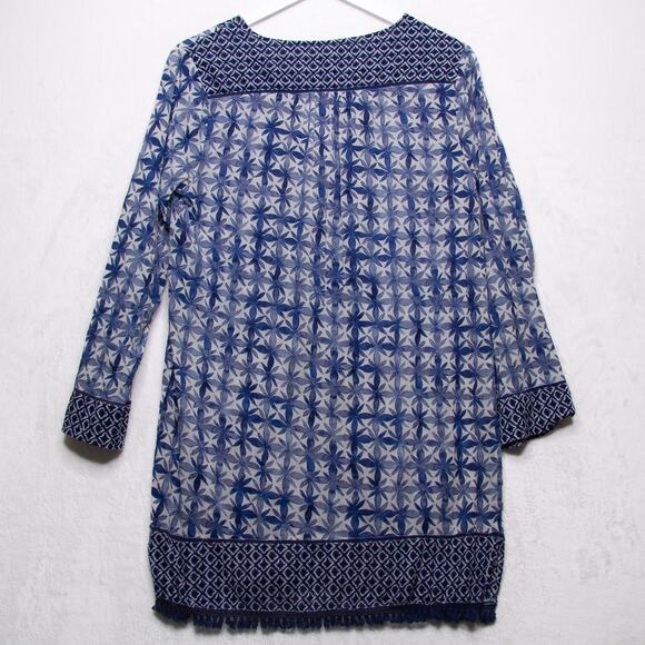 SOFT JOIE Batik Floral Tunic Top Gauzy Cotton Fringe Tassel Blue Boho Beach Sz M - Picture 6 of 10